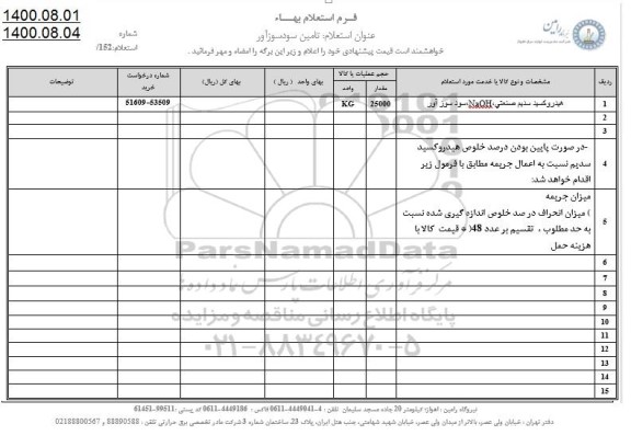 استعلام، استعلام هیدروکسید سدیم صنعتی NaOH سود سوزآور