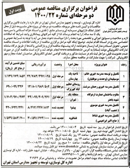 فراخوان مناقصه تکمیل و توسعه مدرسه