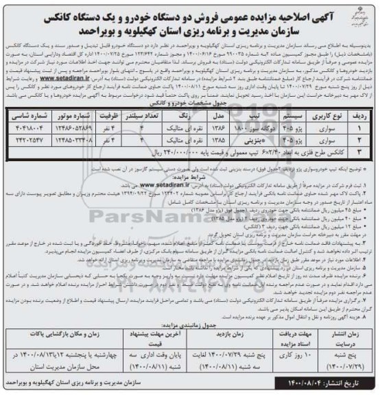 اصلاحیه مزایده، اصلاحیه مزایده فروش دو دستگاه خودرو و یک دستگاه کانکس 