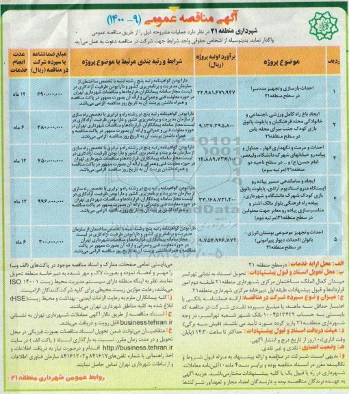 مناقصه عمومی، مناقصه عمومی احداث بازسازی و تجهیز مددسرا در سطح منطقه... 