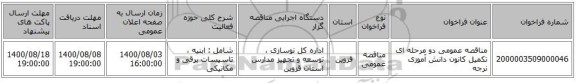 مناقصه عمومی دو مرحله ای تکمیل کانون  دانش آموزی نرجه