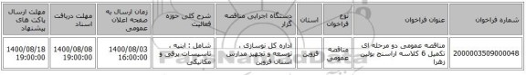 مناقصه عمومی دو مرحله ای تکمیل 6 کلاسه اراسنج بوئین زهرا