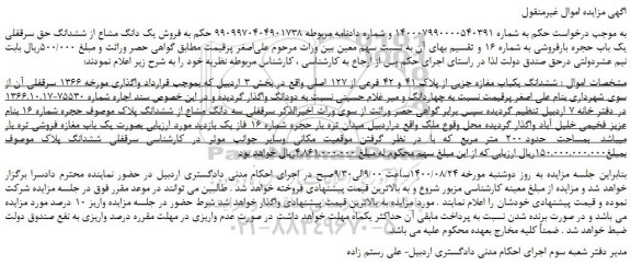 مزایده،مزایده  فروش یک دانگ مشاع از ششدانگ حق سرقفلی یک باب حجره بارفروشی به شماره 16 