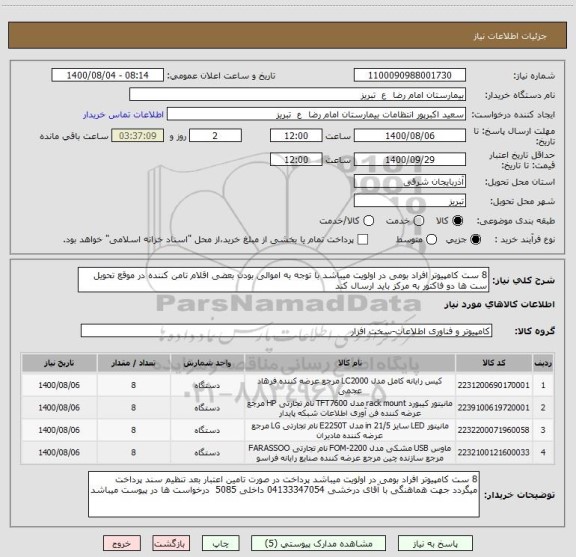 استعلام 8 ست کامپیوتر افراد بومی در اولویت میباشد با توجه به اموالی بودن بعضی اقلام تامن کننده در موقع تحویل ست ها دو فاکتور به مرکز باید ارسال کند