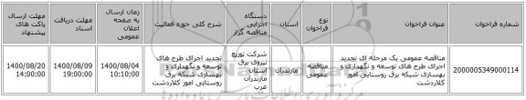 مناقصه عمومی یک مرحله ای تجدید اجرای طرح های توسعه و نگهداری و بهسازی شبکه برق روستایی امور کلاردشت 