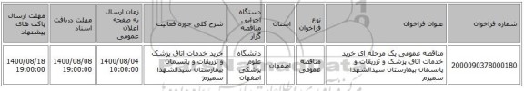 مناقصه عمومی یک مرحله ای خرید خدمات اتاق پزشک و تزریقات و پانسمان بیمارستان سیدالشهدا سمیرم