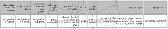 مناقصه عمومی دو مرحله ای تکمیل و توسعه مدرسه خیری خانم موسیقیدان ( وحدت و موفقیان ) ناحیه یک بهارستان