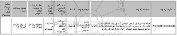 فراخوان ارزیابی کیفی ارزیابی کیفی توان انجام عملیات نگهداری و تعمیرات تجهیزات مخابرات و دیسپاچینگ شبکه و مراکز دیسپاچینگ انتقال و فوق توزیع نیروی برق ت