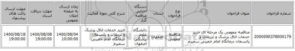 مناقصه عمومی یک مرحله ای خرید خدمات اتاق پزشک و تزریقات و پانسمان درمانگاه امام خمینی سمیرم