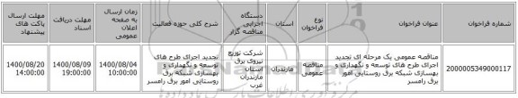 مناقصه عمومی یک مرحله ای تجدید اجرای طرح های توسعه و نگهداری و بهسازی شبکه برق روستایی امور برق رامسر 
