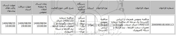 مناقصه عمومی همزمان با ارزیابی (فشرده) یک مرحله ای مناقصه شماره 1400/133 اجرای خدمات نگهداری و تعمیرات سخت افزارها ، نرم افزارها و شبکه کامپیوتری