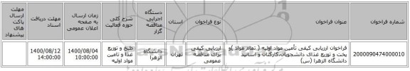 فراخوان ارزیابی کیفی تأمین مواد اولیه ( تمام مواد )و پخت و توزیع غذای دانشجویان،کارکنان و اساتید دانشگاه الزهرا (س)