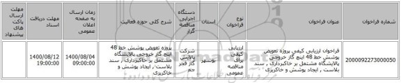 فراخوان ارزیابی کیفی پروژه تعویض پوشش خط 48 اینچ گاز خروجی پالایشگاه مشتمل بر خاکبرداری , سند بلاست , ایجاد پوشش و خاکریزی