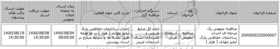 مناقصه عمومی یک مرحله ای احداث ساختمان حفاظتی پارک آبخیز مهاباد ( هژار )