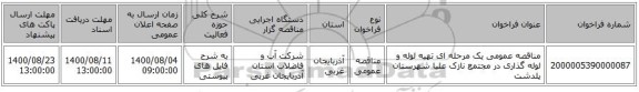 مناقصه عمومی یک مرحله ای تهیه لوله و لوله گذاری در مجتمع نازک علیا شهرستان پلدشت