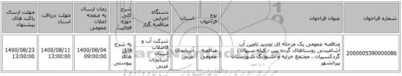 مناقصه عمومی یک مرحله ای تجدید تامین آب آشامیدنی روستاهای گرده بین - کیله سیپان ، گردکسپیان ، مجتمع خراپه و اشنوزنگ شهرستان پیرانشهر