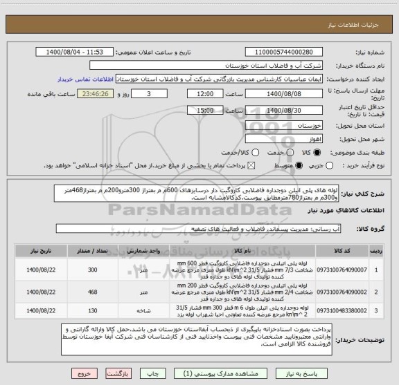 استعلام لوله های پلی اتیلن دوجداره فاضلابی کاروگیت دار درسایزهای 600م م بمتراژ 300مترو200م م بمتراژ468متر و300م م بمتراژ780مترمطابق پیوست.کدکالامشابه است.