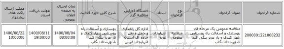 مناقصه عمومی یک مرحله ای بهسازی و آسفالت راه روستایی زنهار کندی  و یار عزیز ینگی کند شهرستان تکاب