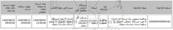 مناقصه عمومی یک مرحله ای احداث 5 مورد ایستگاه حفاظت کاتدیک در سطح استان خراسان رضوی 