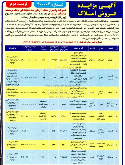 مزایده،مزایده فروش املاک کاربری مسکونی و تجاری نوبت دوم 