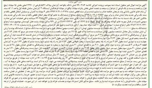 مزایده،مزایده ششدانگ آپارتمان پلاک 5521 فرعی