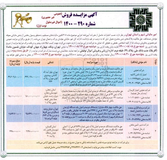 مزایده مزایده فروش پلاک های ثبتی ساختمان و مغازه 