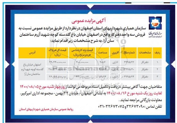 مزایده،مزایده فروش سه واحد دفتر کار