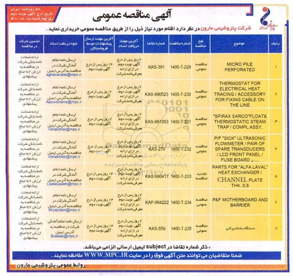 مناقصه خرید MICRO PILE PERFORATED ... نوبت دوم 