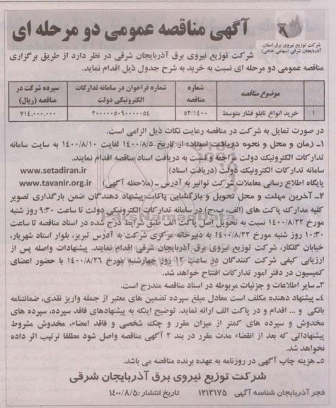 مناقصه خرید انواع تابلو فشار متوسط 