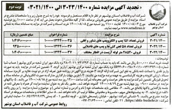 مزایده،مزایده اقلام مستعمل و فرسوده - نوبت دوم