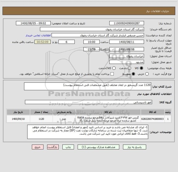 استعلام 1120 عدد گریسخور در ابعاد مختلف (طبق مشخصات فنی استعلام پیوست)
