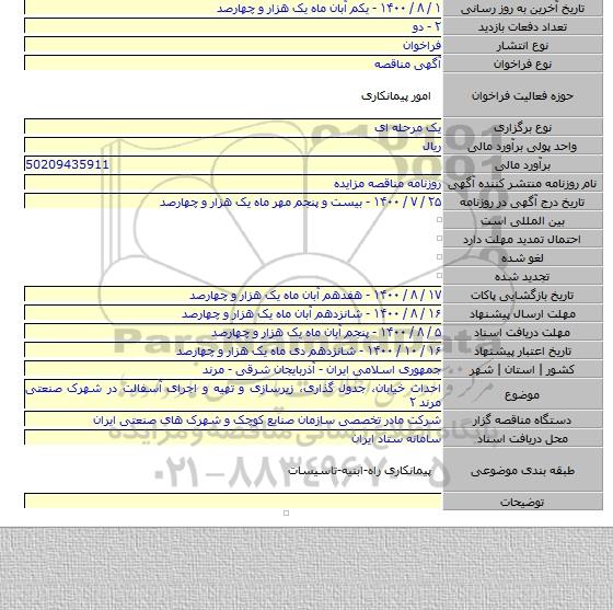 احداث خیابان، جدول گذاری، زیرسازی و تهیه و اجرای آسفالت در شهرک صنعتی مرند ۲