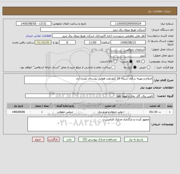 استعلام اصلاح و بهینه سازی شبکه 20 کیلو ولت هوایی روستای نصرت آباد
