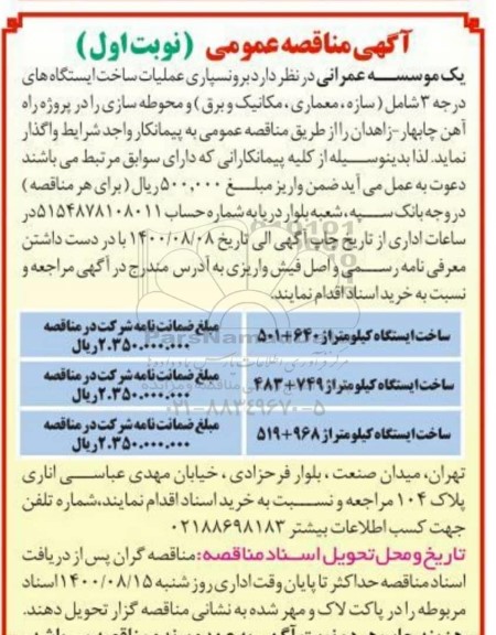 مناقصه برونسپاری عملیات ساخت ایستگاه های درجه 3