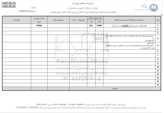 استعلام، استعلام هیدروکسید سدیم صنعتی NaOH سود سوزآور