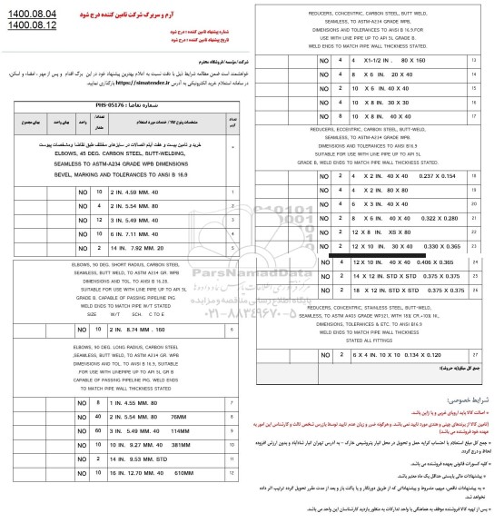 استعلام، استعلام خرید و تامین بیست و هفت آیتم اتصالات در سایزهای مختلف