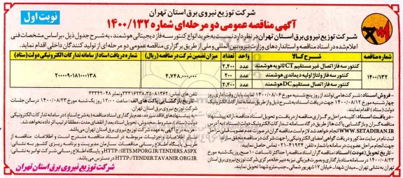 مناقصه عمومی، مناقصه خرید انواع کنتور سه فاز دیجیتالی هوشمند
