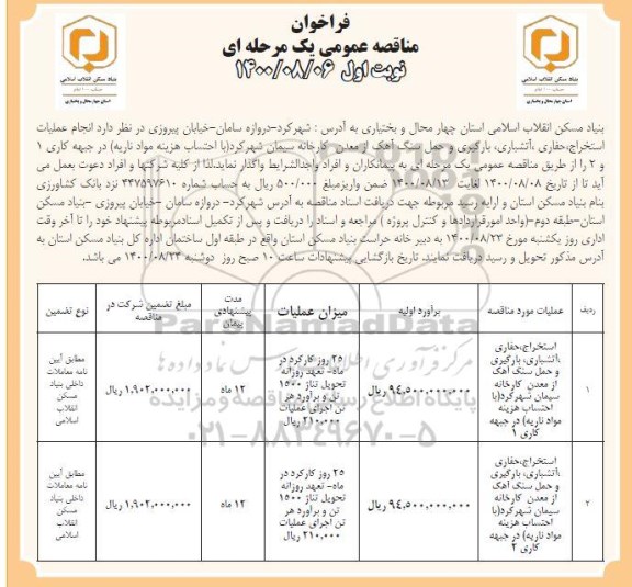 فراخوان مناقصه استخراج، حفاری،آتشباری، بارگیری و حمل سنگ آهک ...