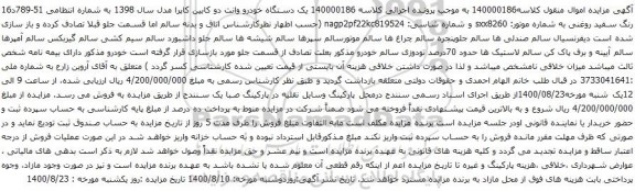 آگهی مزایده یک دستگاه خودرو وانت دو کابین کاپرا