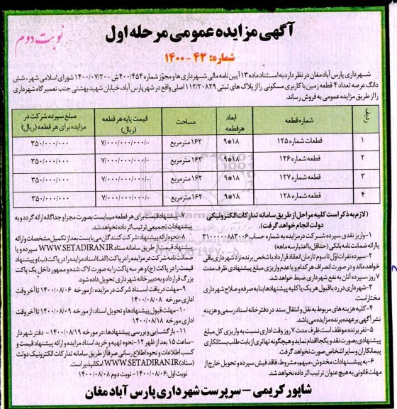 مزایده،مزایده فروش 4 قطعه از زمین با کاربری مسکونی نوبت دوم