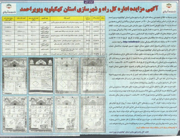 مزایده،مزایده فروش اراضی کاربری تجاری و مسکونی نوبت اول 