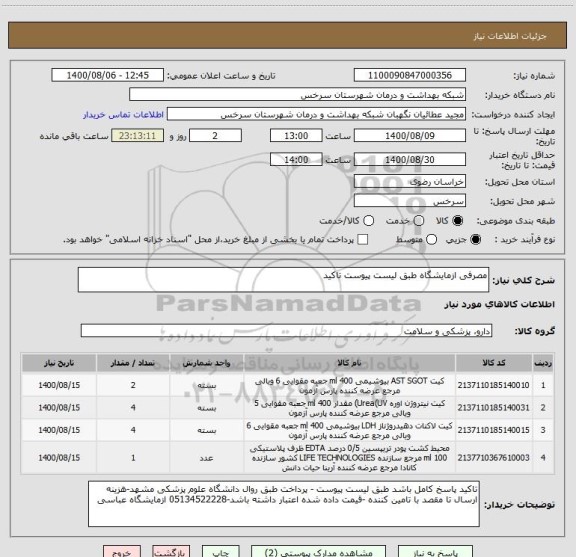 استعلام مصرفی ازمایشگاه طبق لیست پیوست تاکید