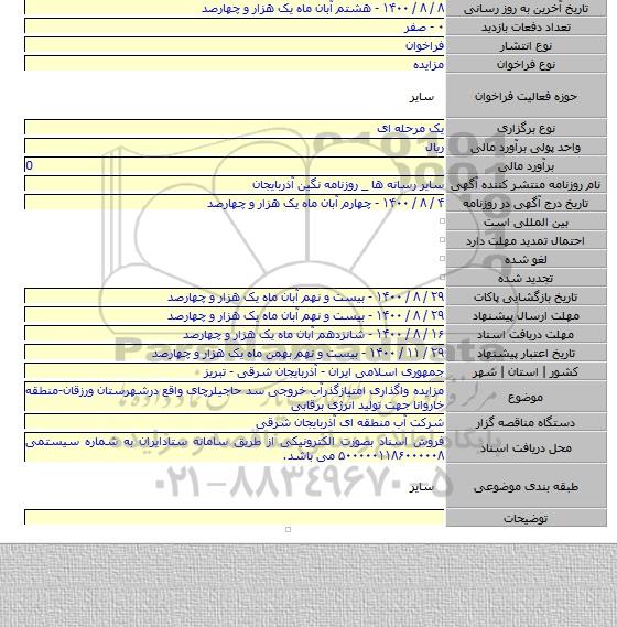 مزایده واگذاری امتیازگذرآب خروجی سد حاجیلرچای واقع درشهرستان ورزقان-منطقه خاروانا جهت تولید انرژی برقابی
