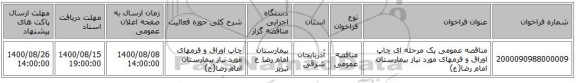 مناقصه عمومی یک مرحله ای چاپ اوراق و فرمهای مورد نیاز بیمارستان امام رضا(ع)