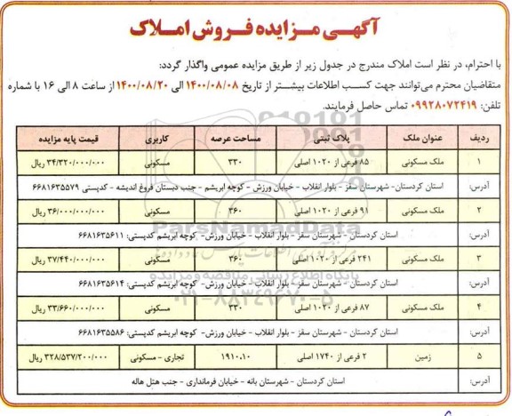 مزایده،مزایده فروش املاک کاربری مسکونی و تجاری
