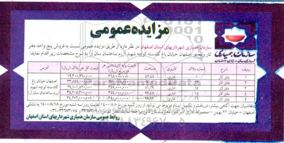 مزایده،مزایده فروش پنج واحد دفتر کار کاربری اداری