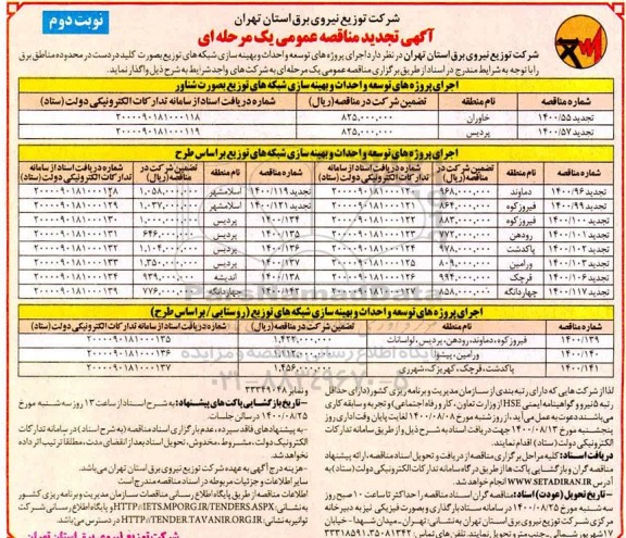 تجدید مناقصه، تجدید مناقصه اجرای پروژه های توسعه و احداث و بهینه سازی شبکه های توزیع ... نوبت دوم 