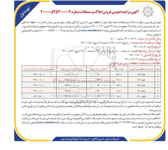 مزایده مزایده فروش املاک و مستغلات نوبت اول