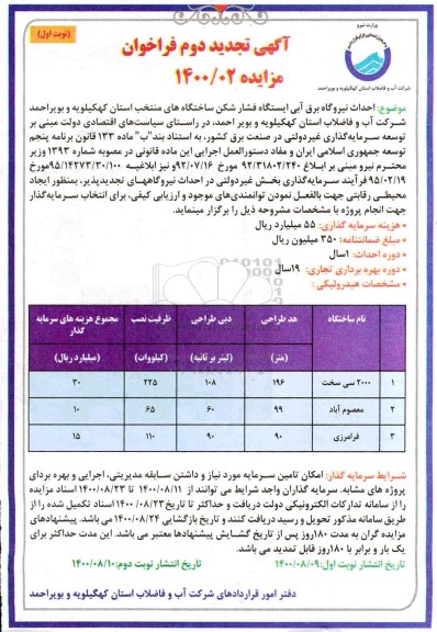 تجدید فراخوان احداث نیروگاه برق آبی ایستگاه فشار شکن ساختگاه های منتخب 