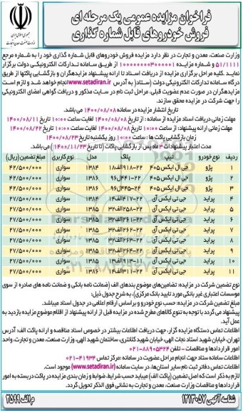 فراخوان مزایده فروش خودروهای قابل شماره گذاری